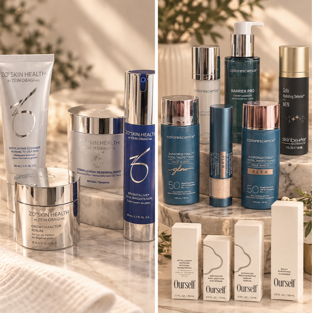 Skincare and beauty products on marble surfaces, including cleansers, serums, sunscreens, and face shields.