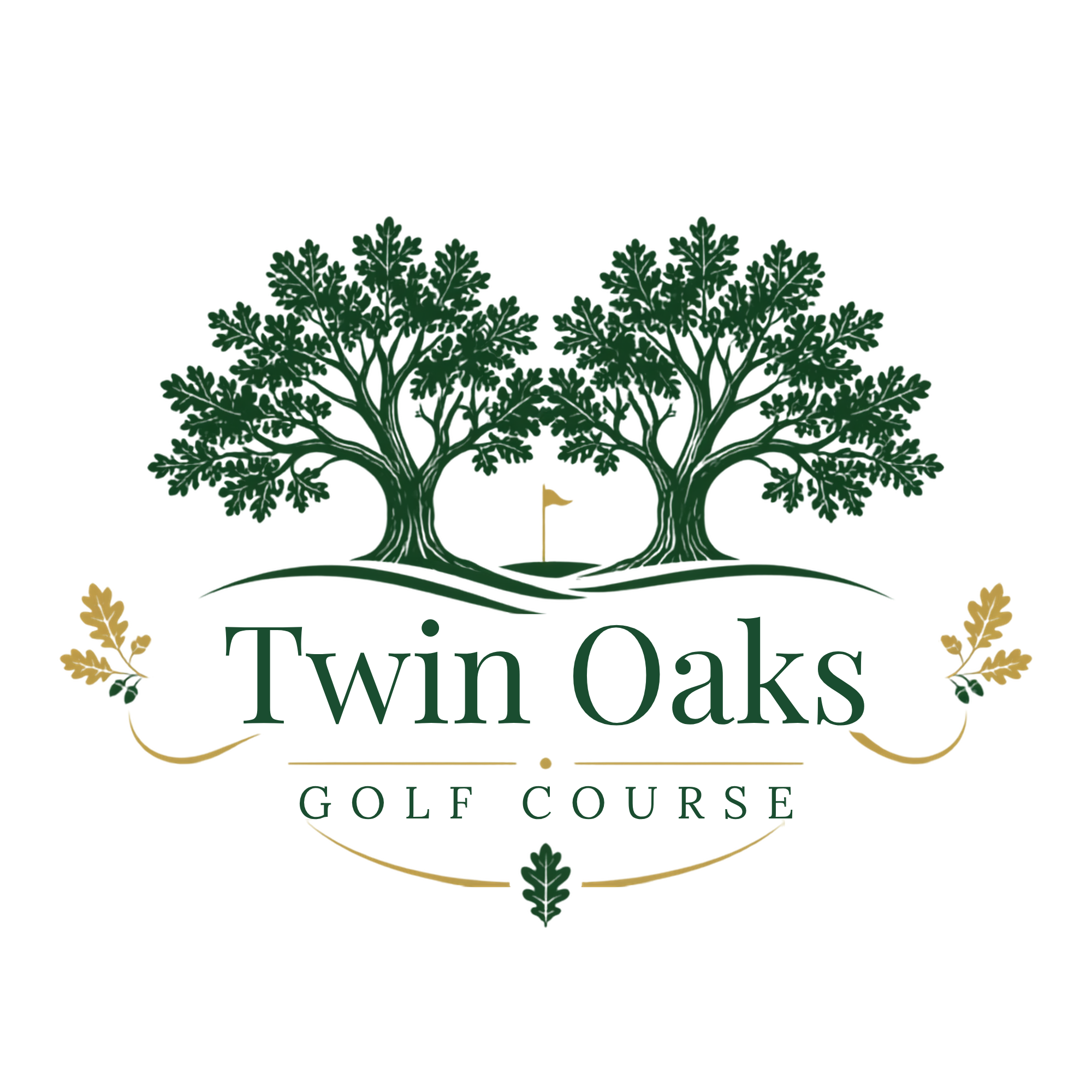 A traditional family crest featuring two green trees with numerous leaves, gold floral accents on either side, and a beige banner at the bottom.