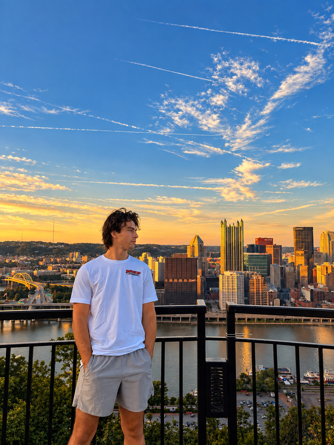 Young man with dark curly hair standing on a balcony overlooking a city skyline at sunset, with a river in the foreground and a partly cloudy sky with contrails.