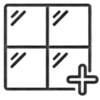 A four-section black and white icon with a plus sign in the bottom right corner.