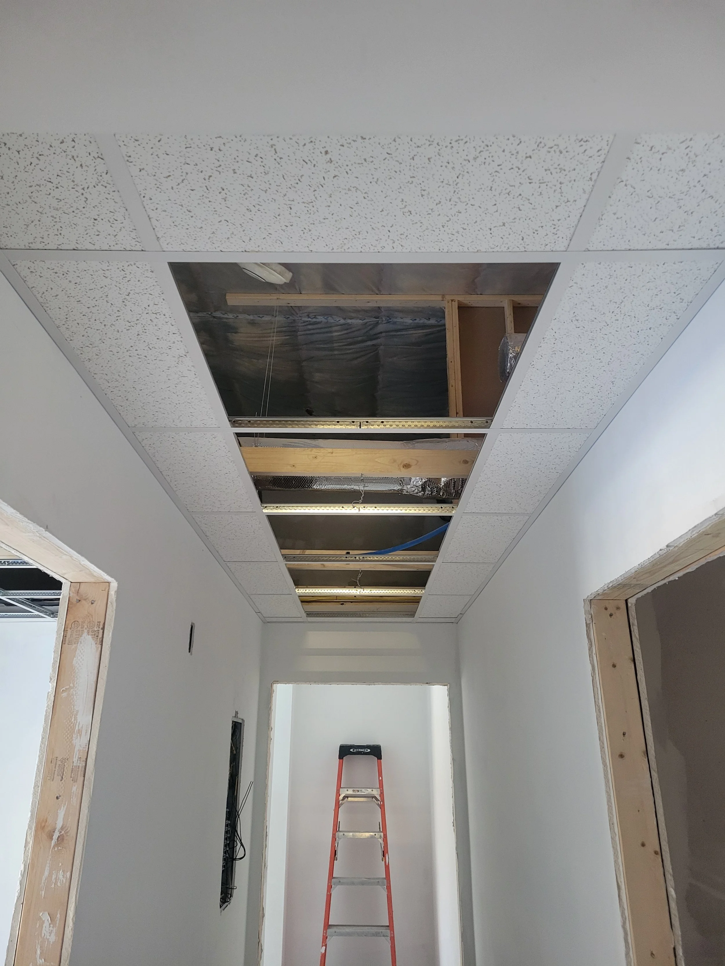 Ceiling tiles replaced with open sections revealing insulation, wooden framing, and electrical wiring in a building under construction or renovation.