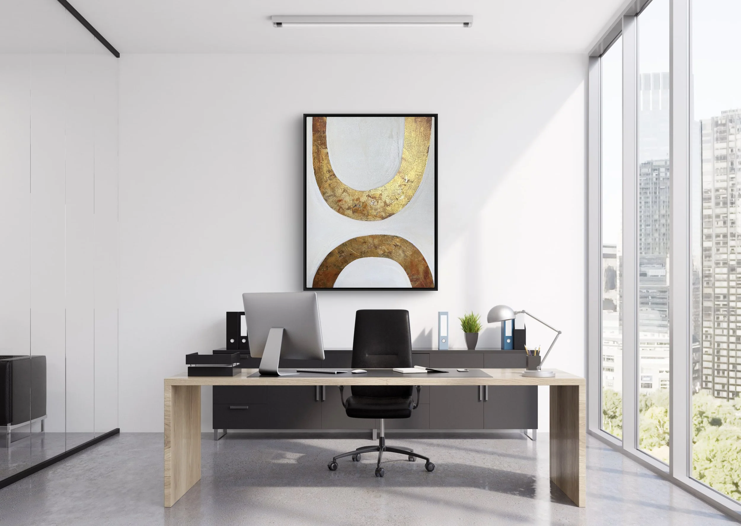 Modern office of an art collector with a Court Haze abstract painting on the wall.