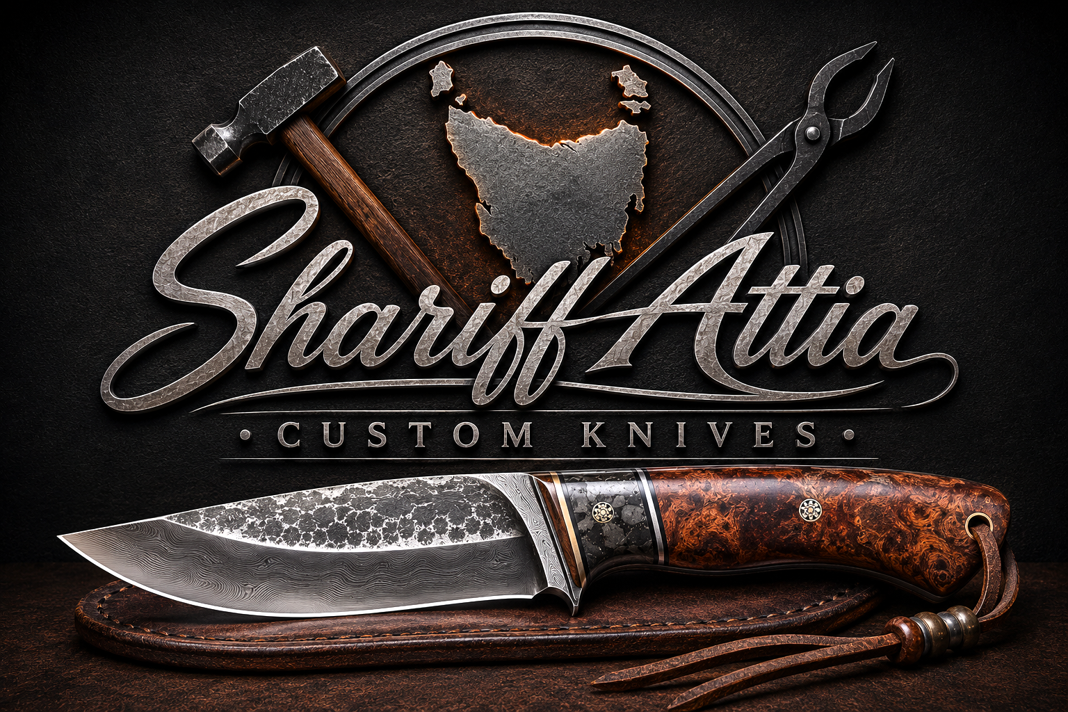 A custom knife with a Damascus blade and wooden handle, displayed on a leather sheath, with a logo and text reading 'Shariff Attia Custom Knives' and a hammer, pliers, and map of Tasmania in the background.