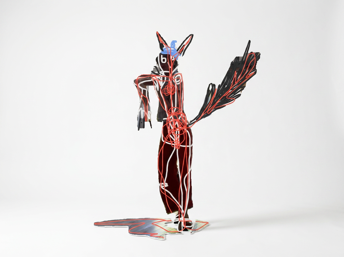 Overlaid drawing of a fox standing on a white background on a human body, composed of black, red, white, and blue.