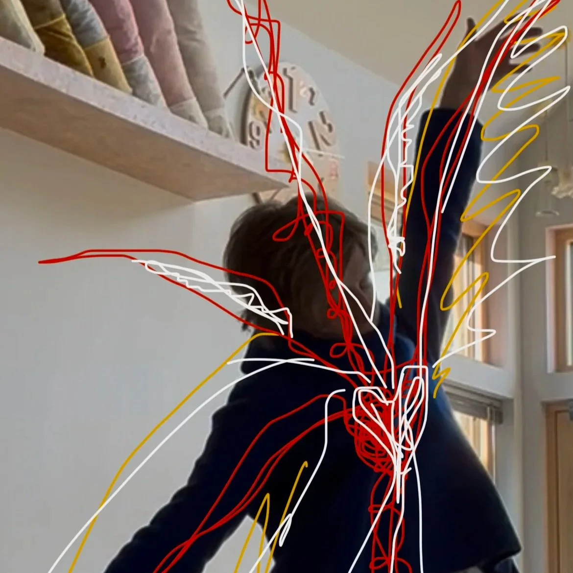 A person with short brown hair extending their arm upward, with colorful line drawings of heart and lines of energy overlaid on the image.