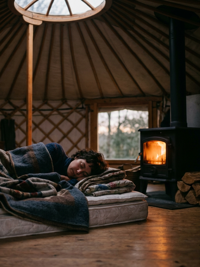Person sleeping on a mattress inside a yurt with a wood stove burning. Light in dim. Dusk.