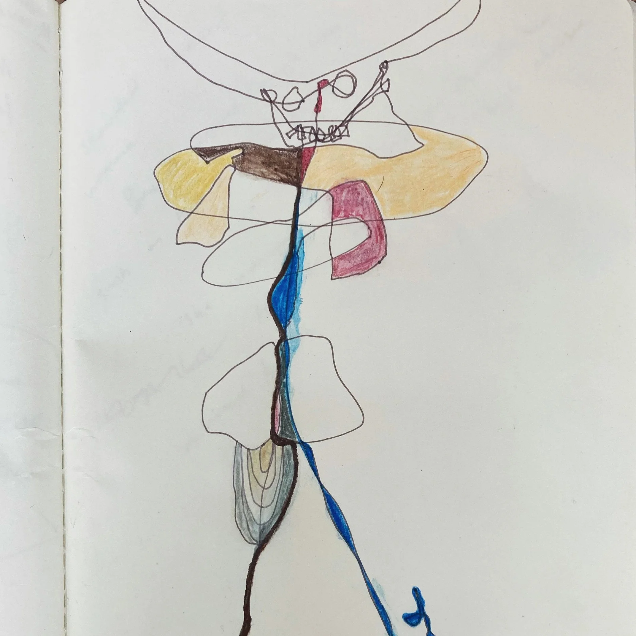 Colourful drawing of a person with a long vertical body, yellow arms, brown and black hair, and a blue lower body, holding an umbrella, with various abstract lines and colours.
