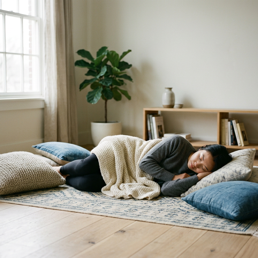 A woman resting on her side on a rug with a blanket over her next to a window surrounded by pillows, there's a small bookshelf and a potted plant in the background. She is peaceful and at ease.