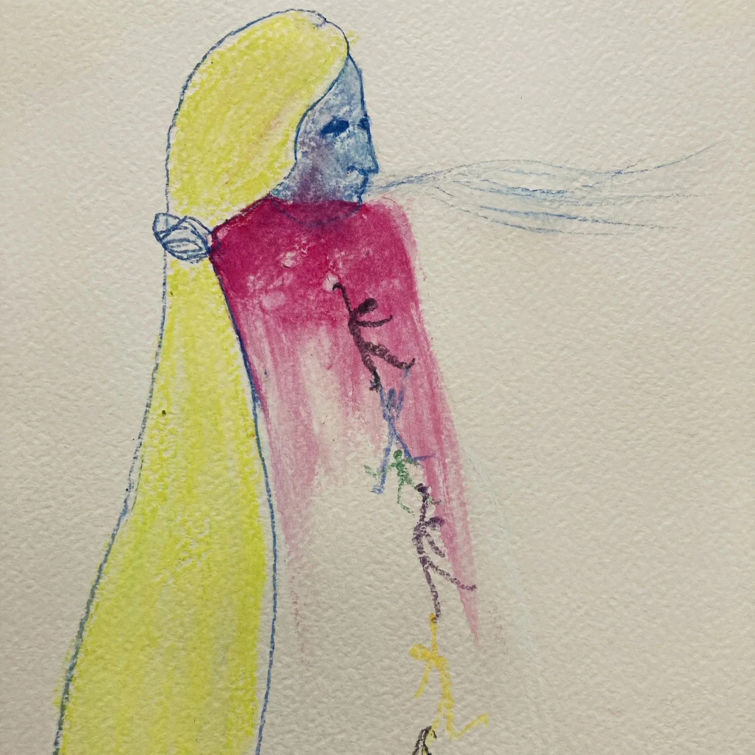 A colorful crayon and watercolor drawing of a person with yellow hair, blue face, pink shirt, small people are drawn climbing or falling on the shirt.