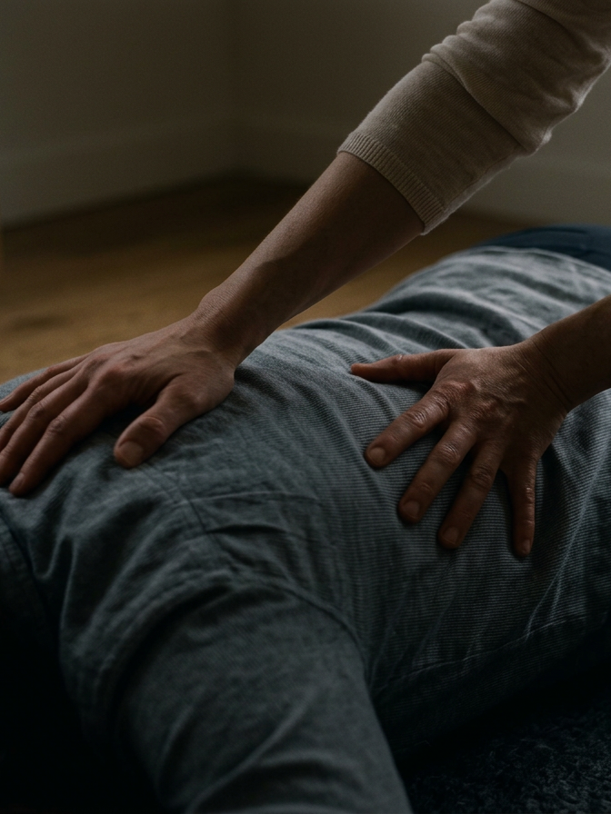 Two hands gently placed on someone's back. Listening touch. Supportive touch.