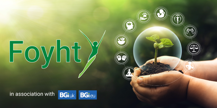 Hand holding a glass globe with a sprout inside, surrounded by icons representing health, environment, and sustainability; Foyht logo and partner logos BG i.uk and BG i.eu.