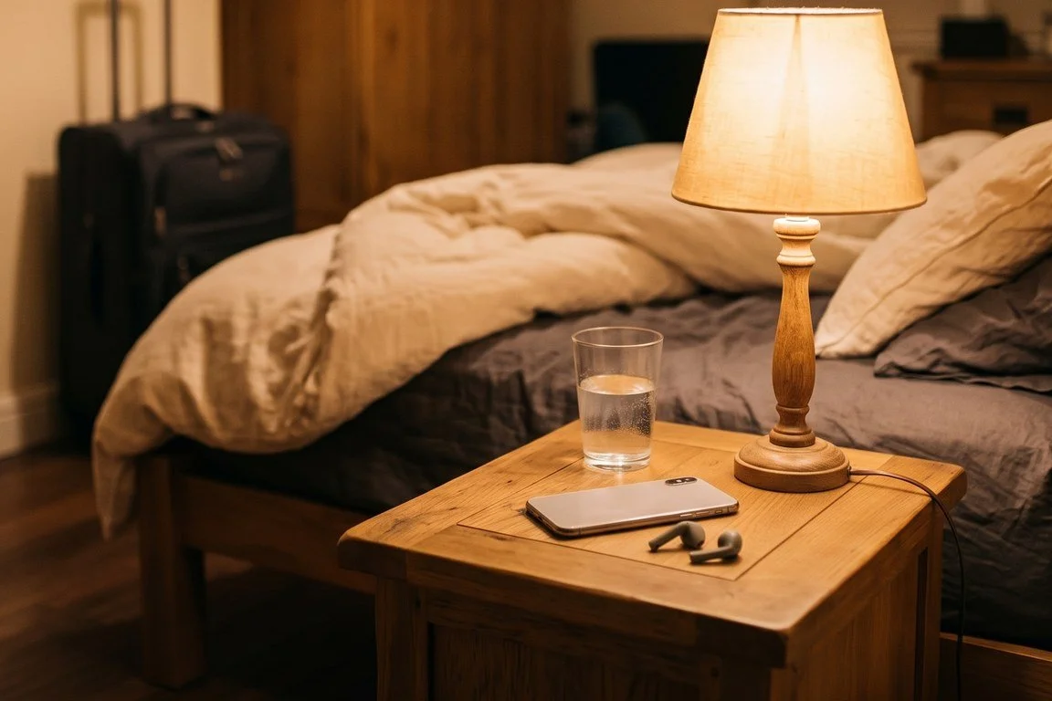 Hotelzimmer am Abend vor dem Flug mit Koffer und Nachttischlampe – Ratgeber: Mittel gegen Flugangst