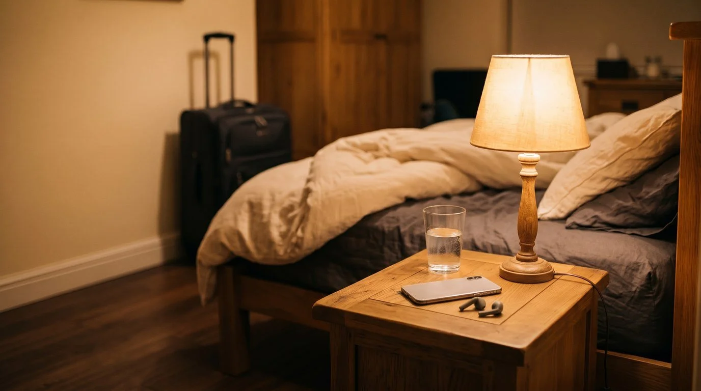 Hotelzimmer am Abend vor dem Flug mit Koffer und Nachttischlampe – Ratgeber: Mittel gegen Flugangst
