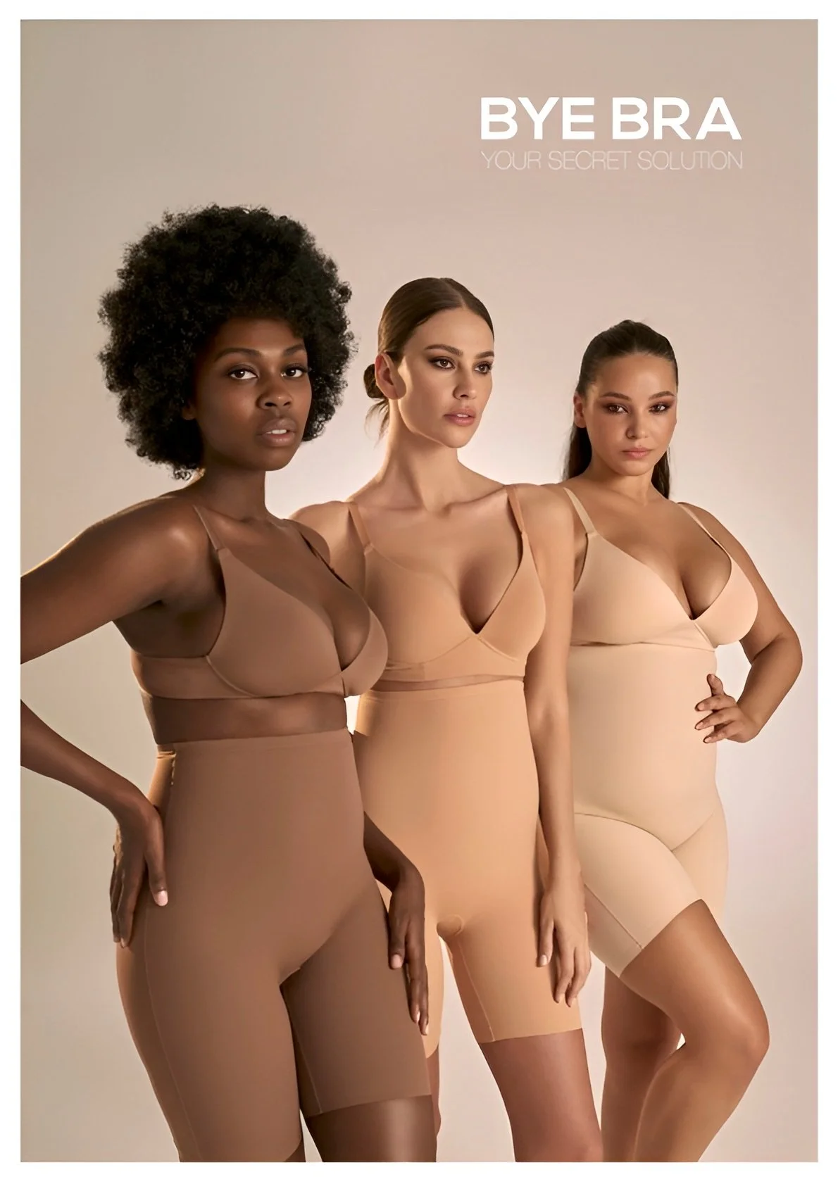Three women modeling nude-colored shapewear and bras in a studio setting with plain background, promoting a product called 'Bye Bra' as a secret solution for eliminating bras.