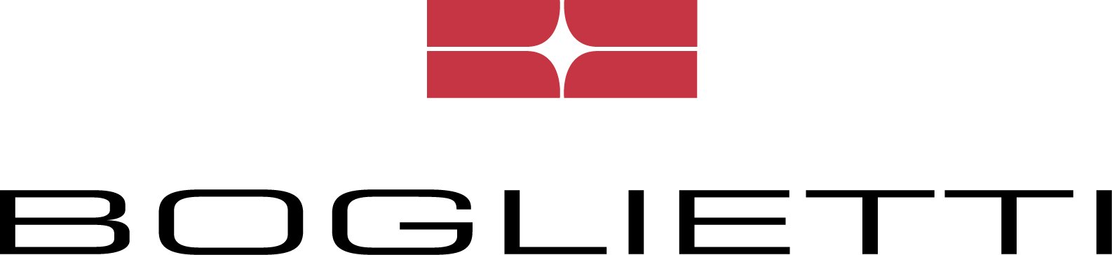 A logo with a red square featuring a white abstract shape above the word 'BOGLIETTI' in black capital letters.