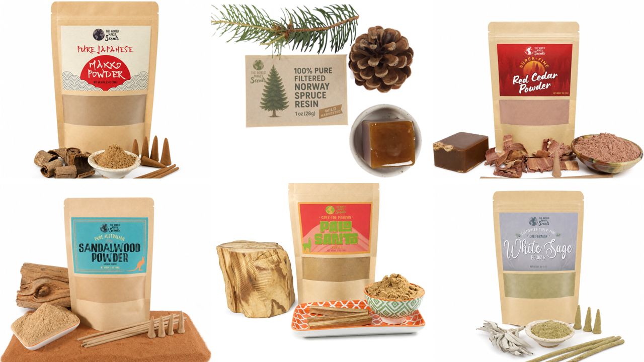 Assorted herbal and woodsy scented powders and resin products for candle making or crafting, with natural decorative elements like pine cone, pine branch, and wood slices.