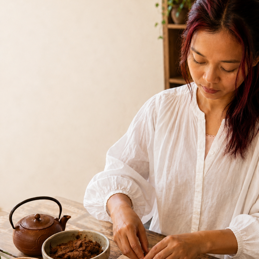 Woman with reddish hair preparing incense on a wooden table, with a bowl of incense ingredients and other incense making tools.