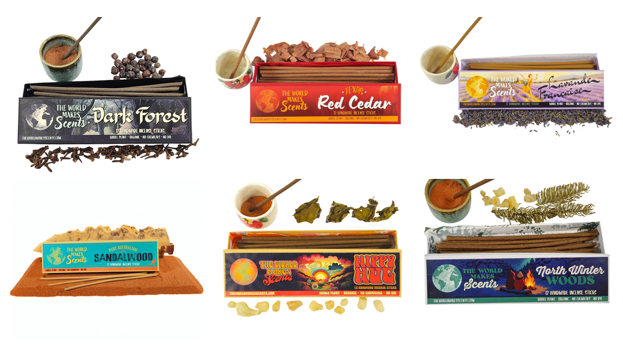 Collection of six boxes of incense sticks with different scents, accompanied by small bowls containing incense powder or sticks, and some dried herbs and leaves.
