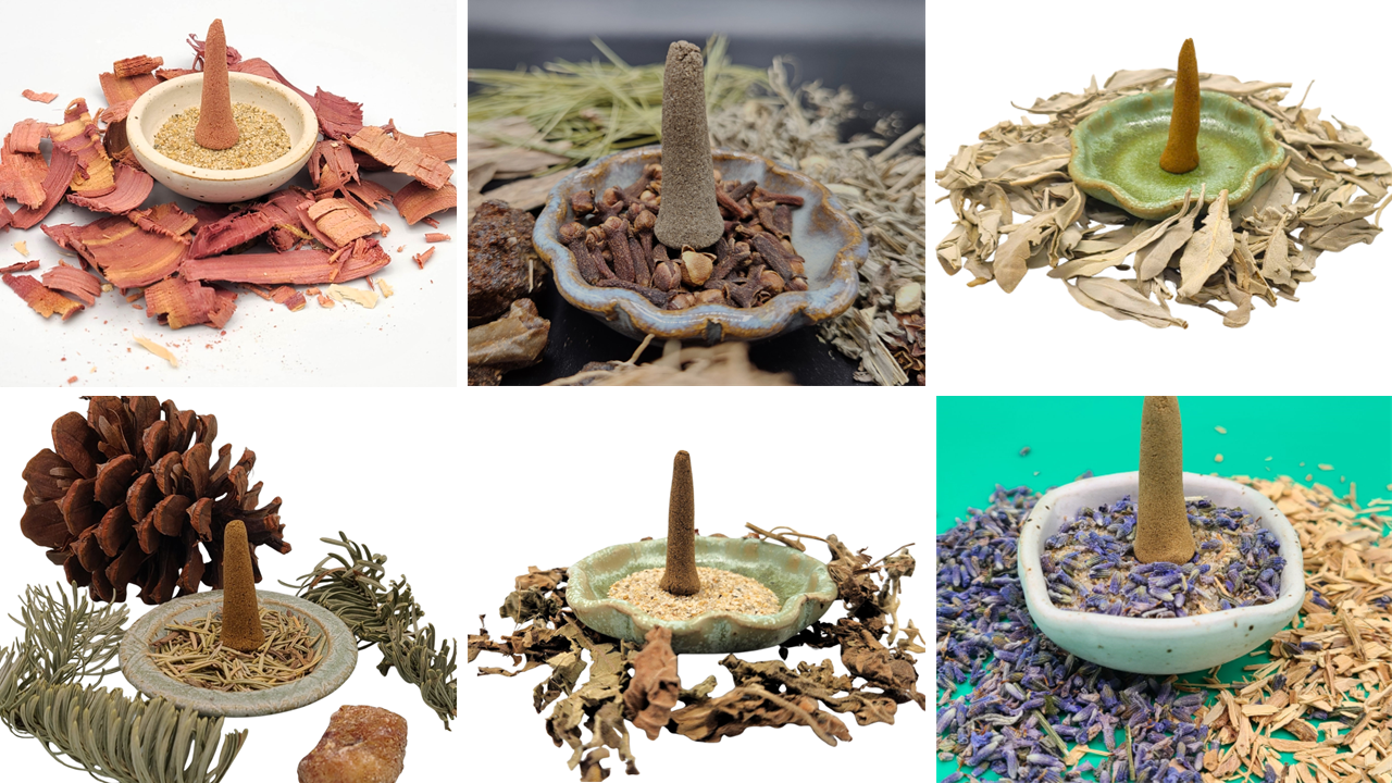 Various stick incense sticks in small bowls and dried herbs, flowers, and natural objects around them.
