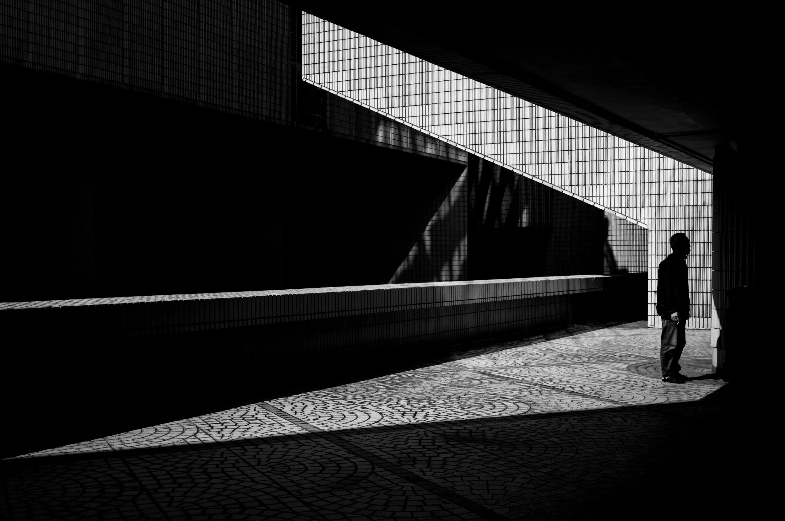 A black and white photo of a person walking in an urban space with geometric tiled pavement and modern architecture with large glass windows and grid patterns. The scene features dramatic shadows and light contrasts.