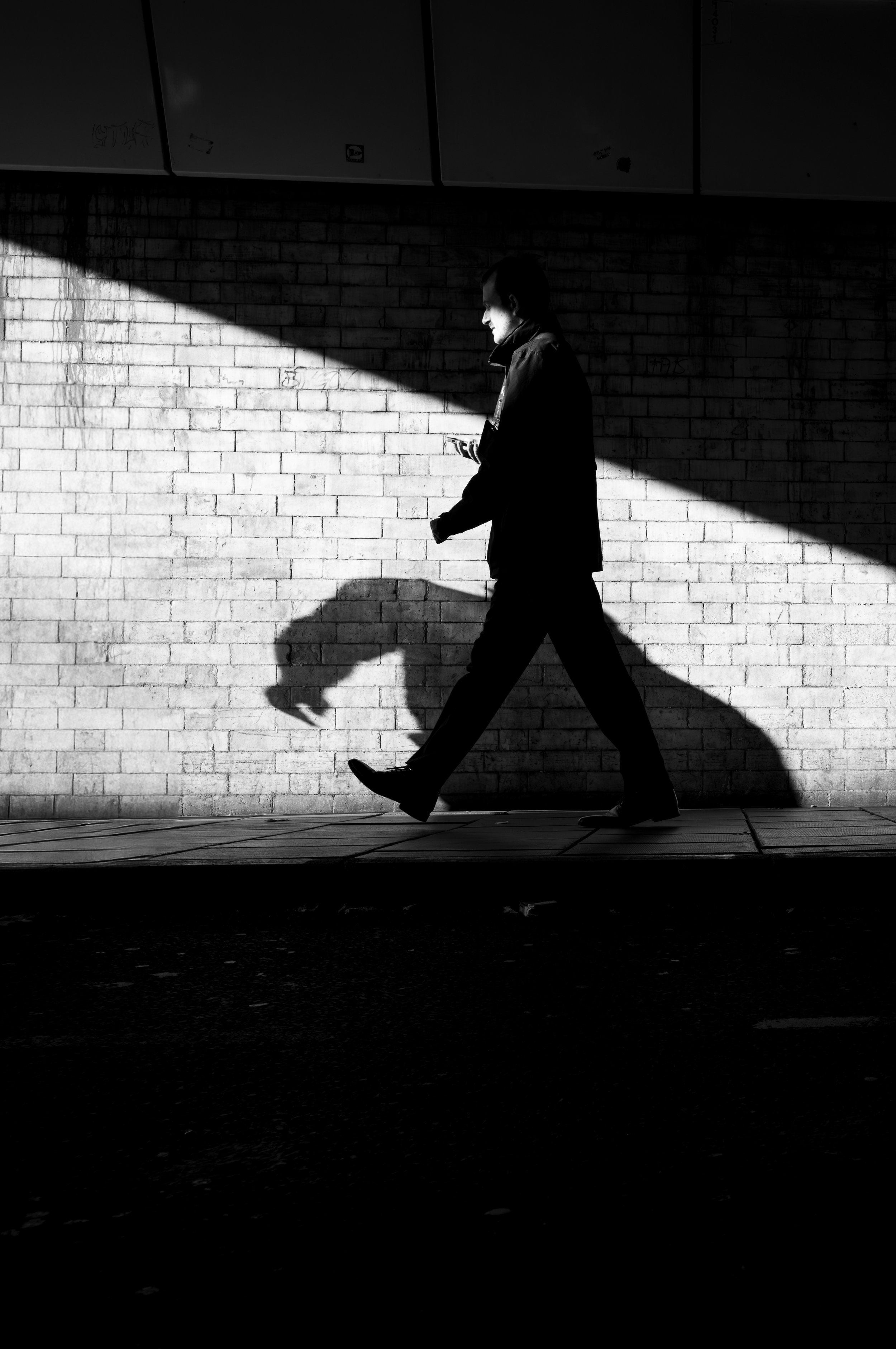 A man walking on a sidewalk in front of a brick wall with graffiti, is looking at his phone, lit by sunlight creating shadows.