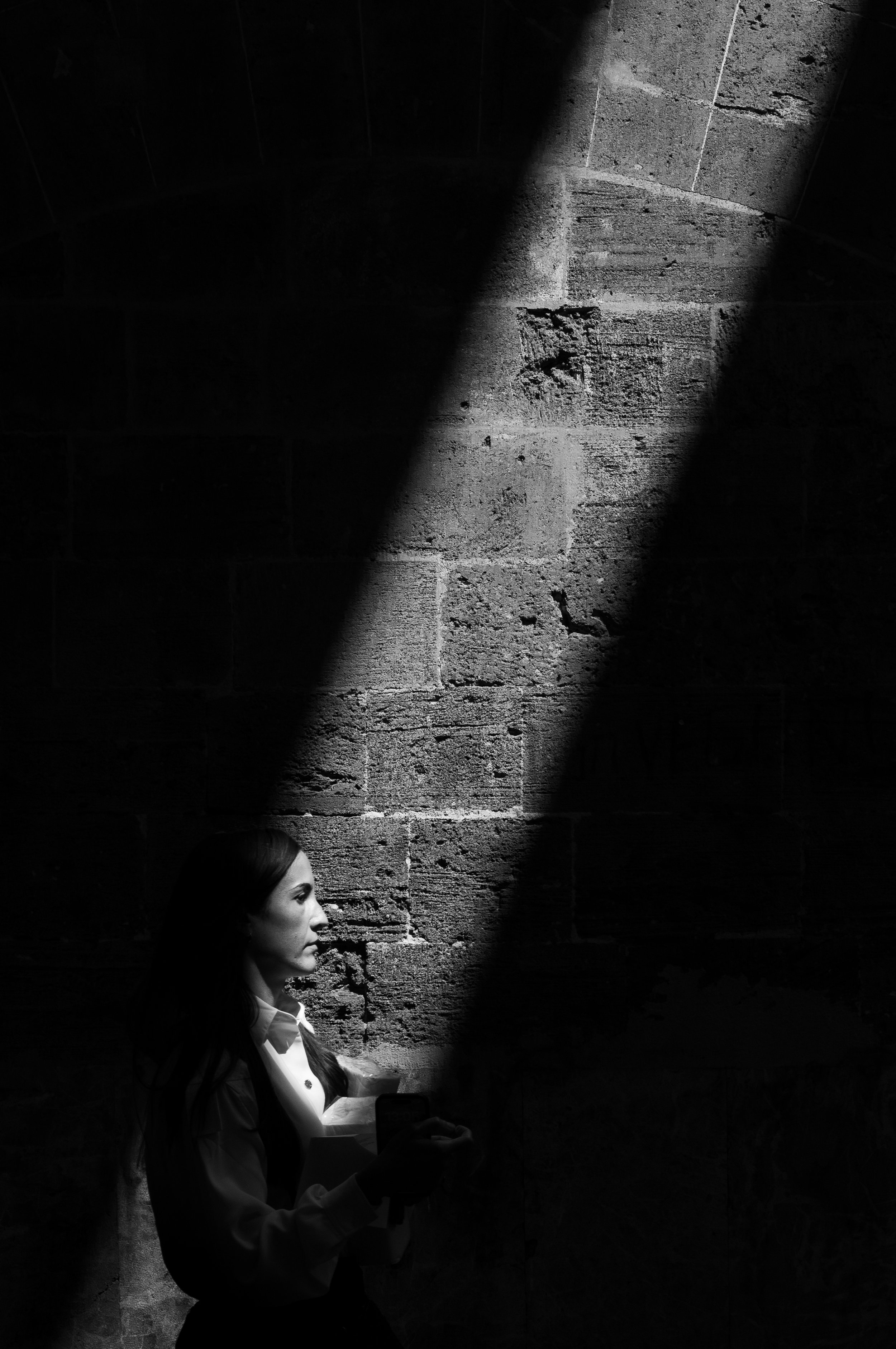 A woman with long dark hair, dressed in a formal suit with a bow tie, holding a small object, standing in profile against a textured brick wall with a shadow cast diagonally across the wall.