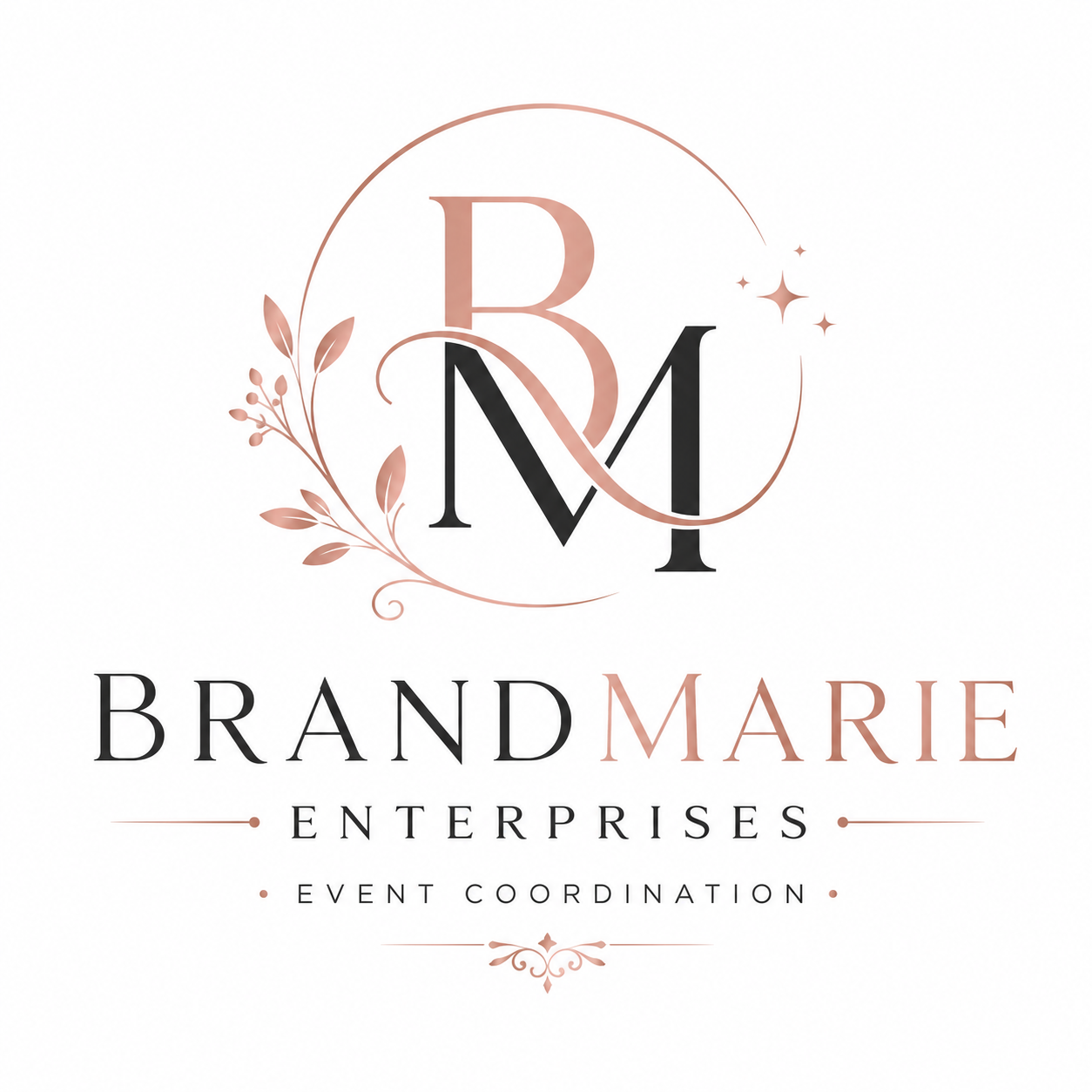 Logo for Brand Marie Enterprises featuring a decorative monogram with the letters B, M, and Marie surrounded by floral and star accents, with black and rose gold color scheme.