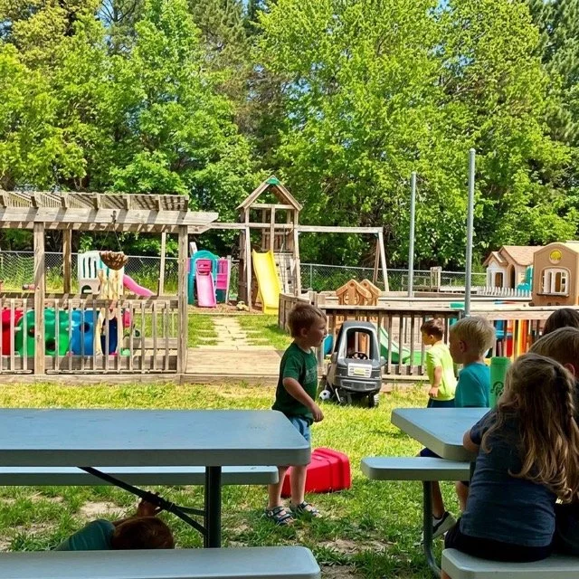 Children playing in the fenced backyard play area at Little Monkeys Child Care in Greenville, Michigan.