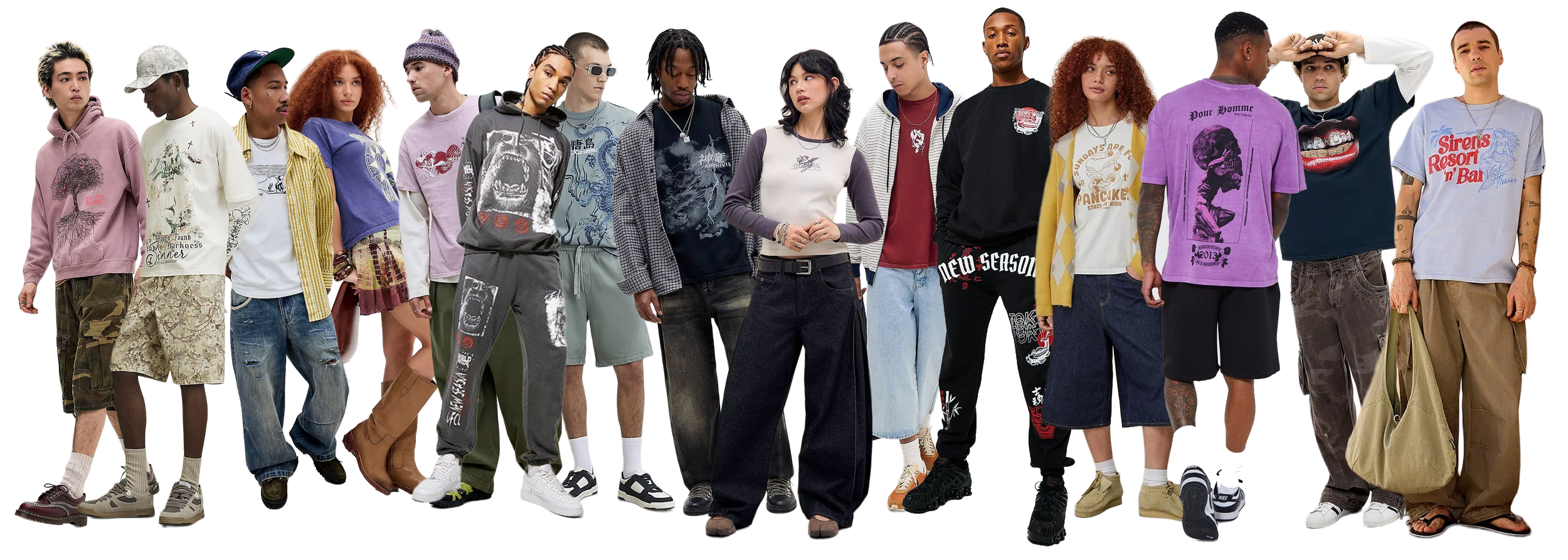 Group of diverse young adults standing in a line, wearing casual and streetwear clothing, with some looking at the camera and others looking away.