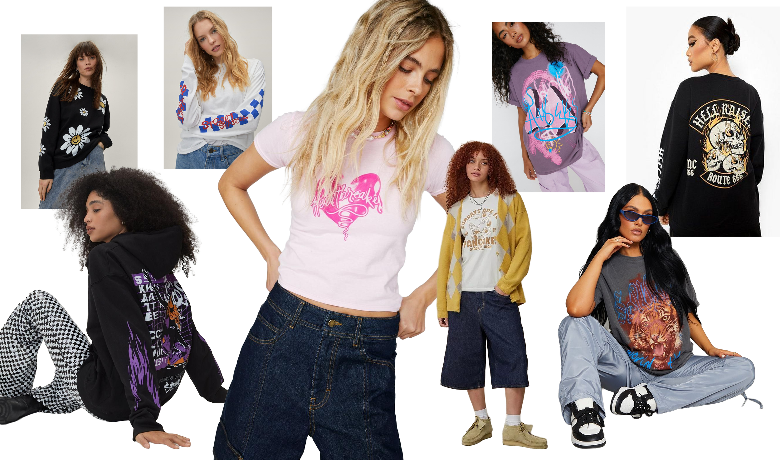 Group of young women wearing colorful and graphic t-shirts, sweatshirts, and pants, posing in front of a neutral background.