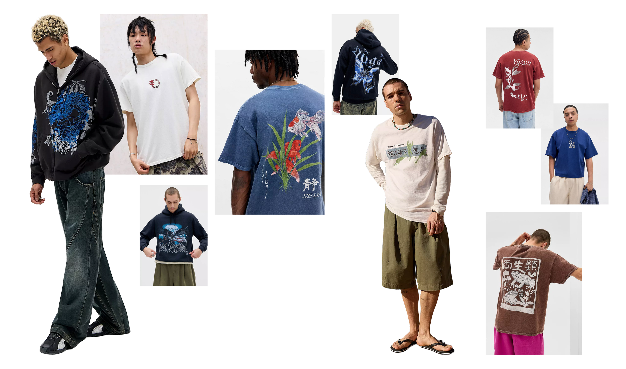 A collage of multiple people modeling various graphic t-shirts, hoodies, and casual wear, each with distinct designs and colors.