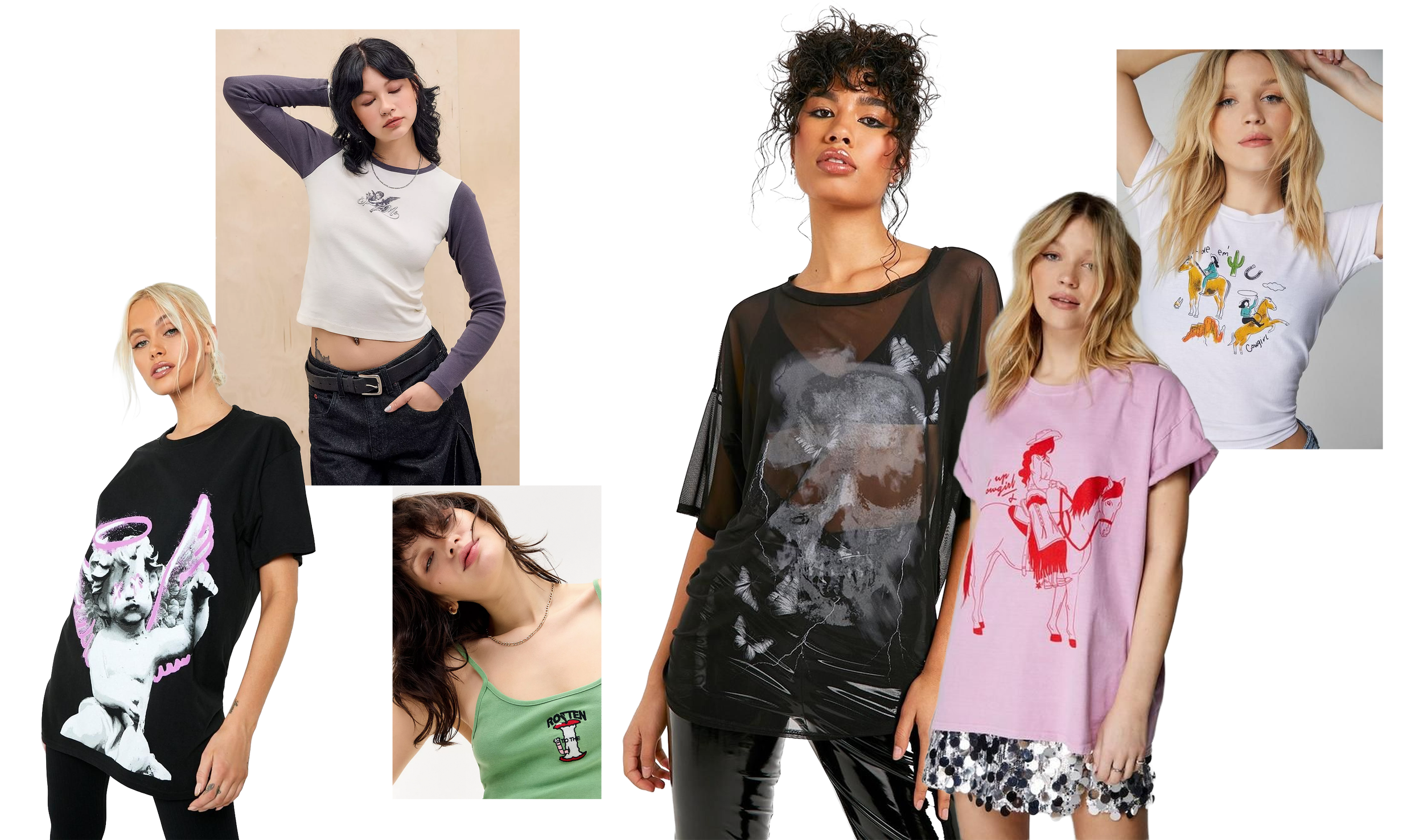 Collage of young women in various casual outfits, some with graphic t-shirts and patterned skirts, posing in different settings.