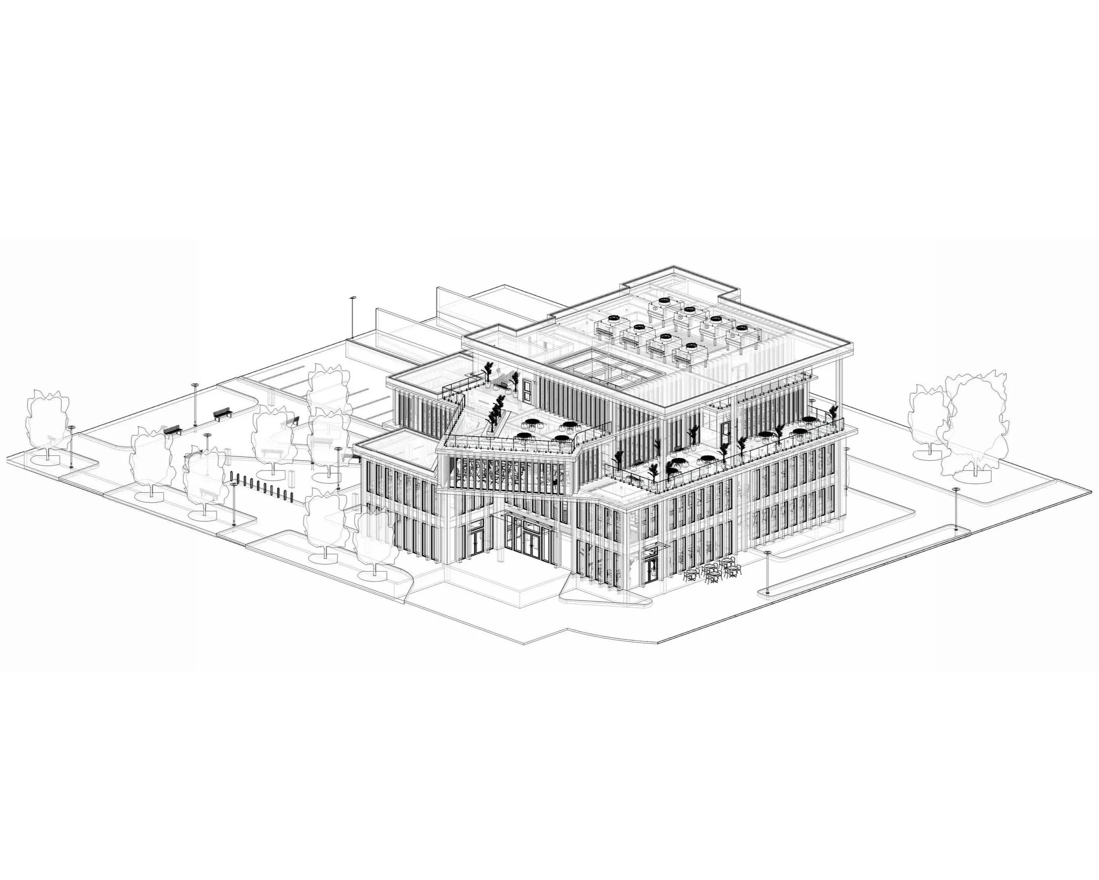 An architectural wireframe drawing of a modern, multi-story building with rooftop seating and surrounding trees.
