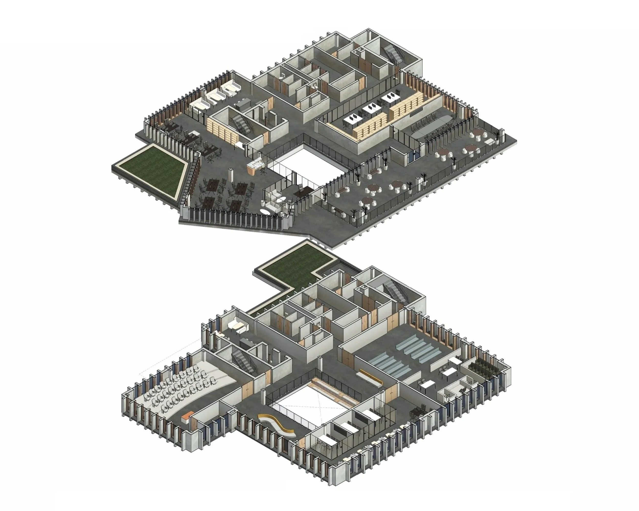 A detailed 3D architectural rendering of a multi-floor building with various rooms, common areas, and outdoor spaces, including landscaped areas and seating arrangements.