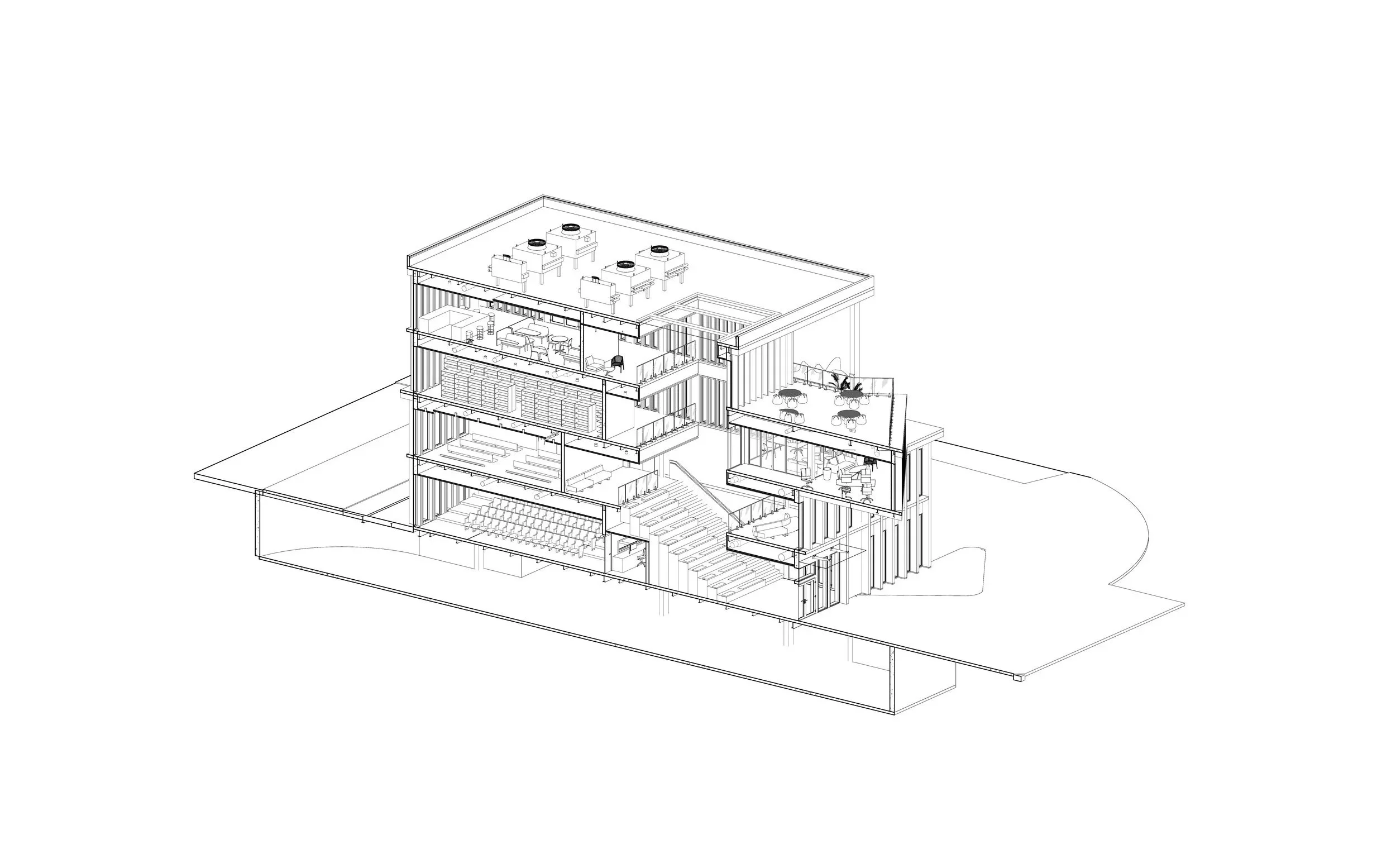 A detailed architectural drawing of a multi-story building, featuring various rooms including an auditorium, office spaces, and outdoor seating areas.