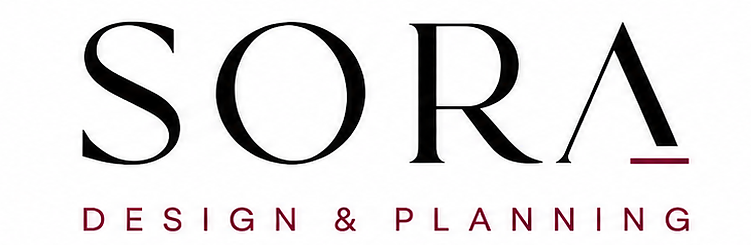 Logo for Sora Design & Planning with black and red text on a white background.