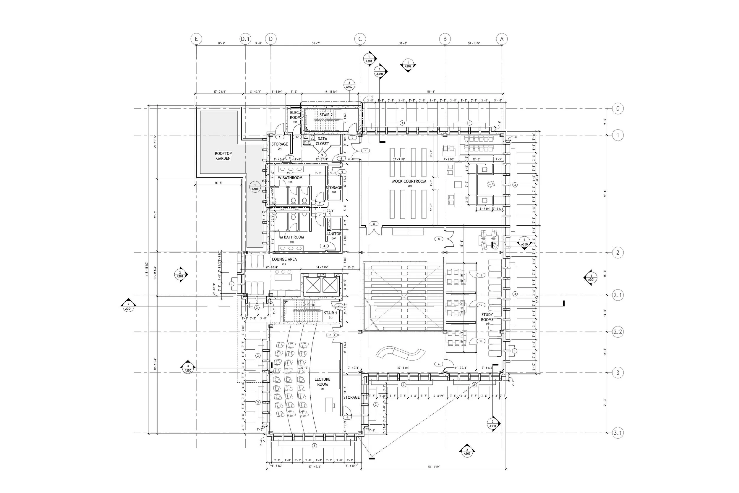 Architectural blueprint of a building floor plan with rooms labeled, dimensions, and construction details.