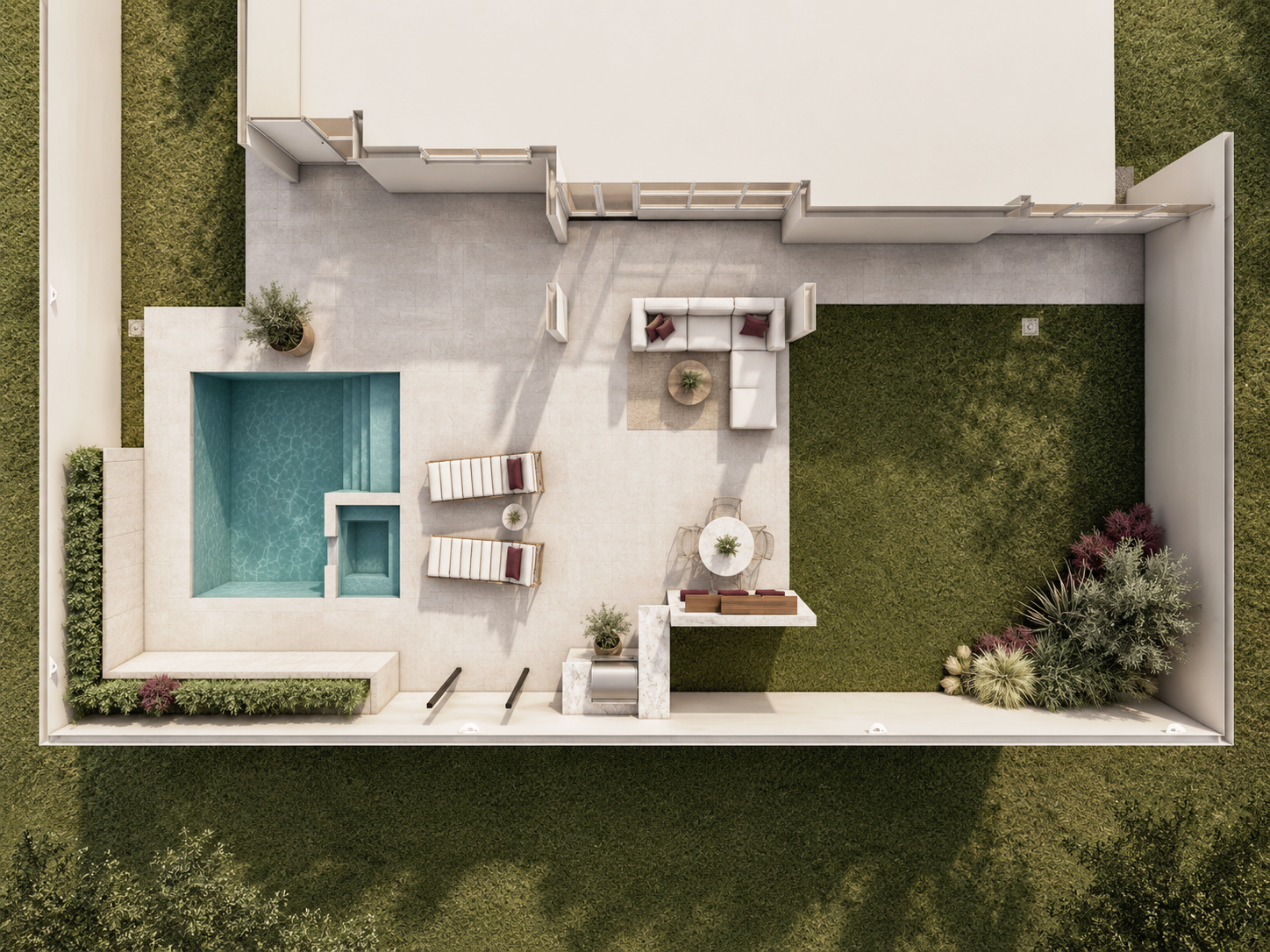 Top-down view of an outdoor space featuring a small pool, two lounge chairs with cushions, an outdoor sofa with pillows, a table, a dining table with chairs, and a garden area with plants and bushes, all enclosed by a white wall.