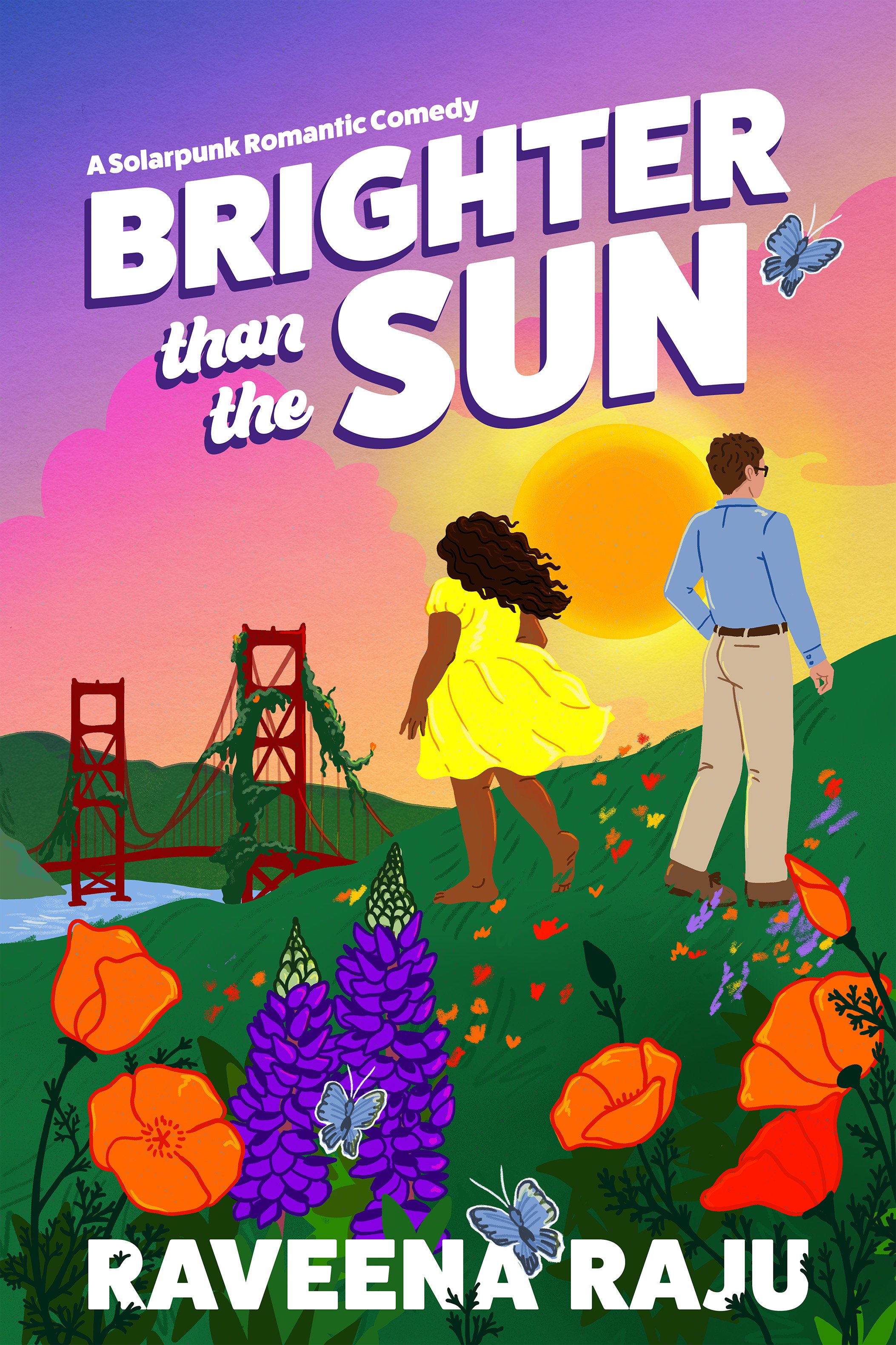 A colorful poster for a romantic comedy titled 'Brighter than the Sun' with the subtitle 'A Solarpunk Romantic Comedy.' The poster features two characters, a woman in a yellow dress and a man in a blue shirt and khakis, walking hand in hand with the Golden Gate Bridge and a large sun in the background. The scene is vibrant with flowers, butterflies, and a bright sky.