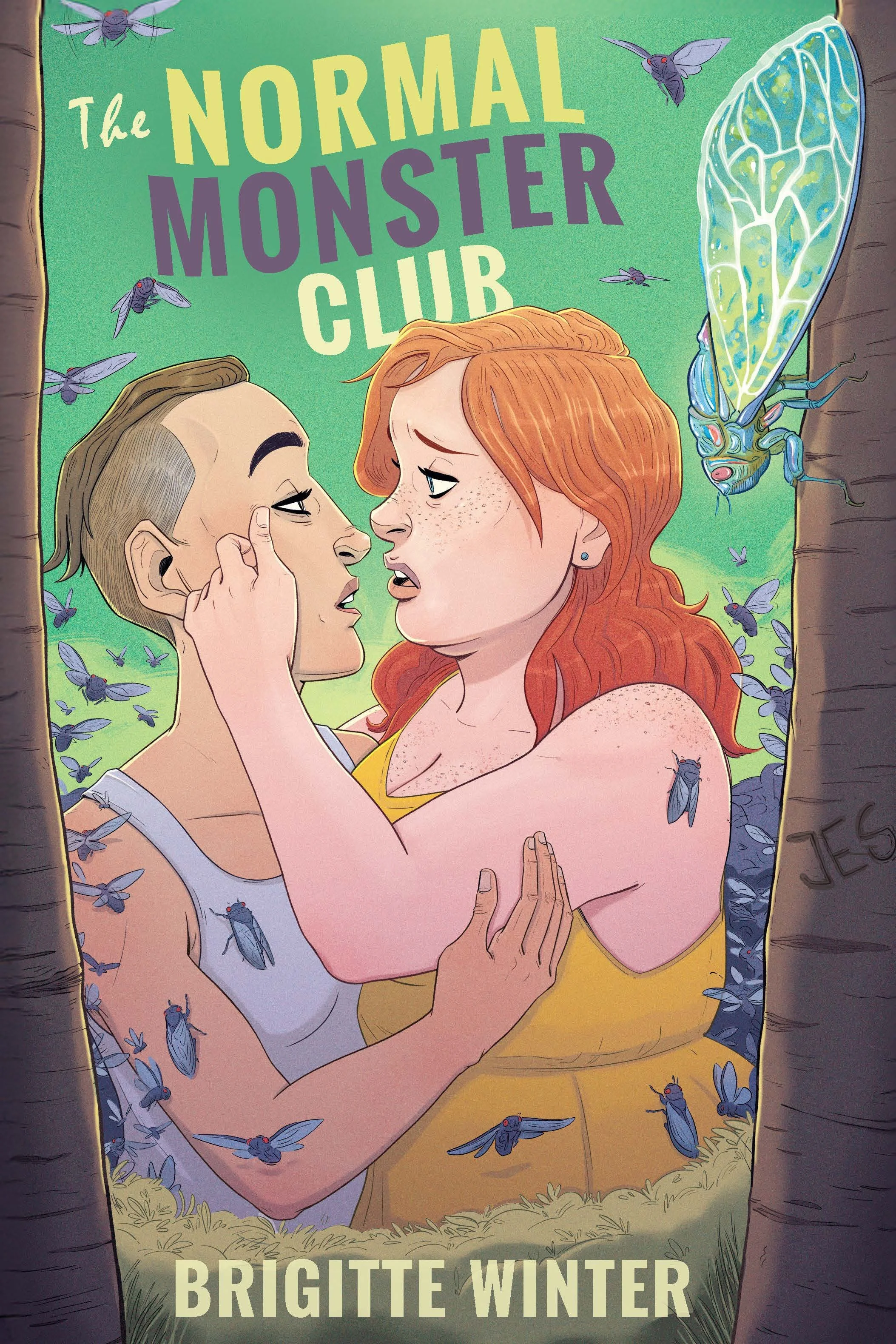 An illustration of two in a close, intimate moment between two trees, surrounded by insects. The background includes a green sky with some flying insects. The text on the image reads: "The Normal Monster Club" at the top and "Brigitte Winter" at the bottom.