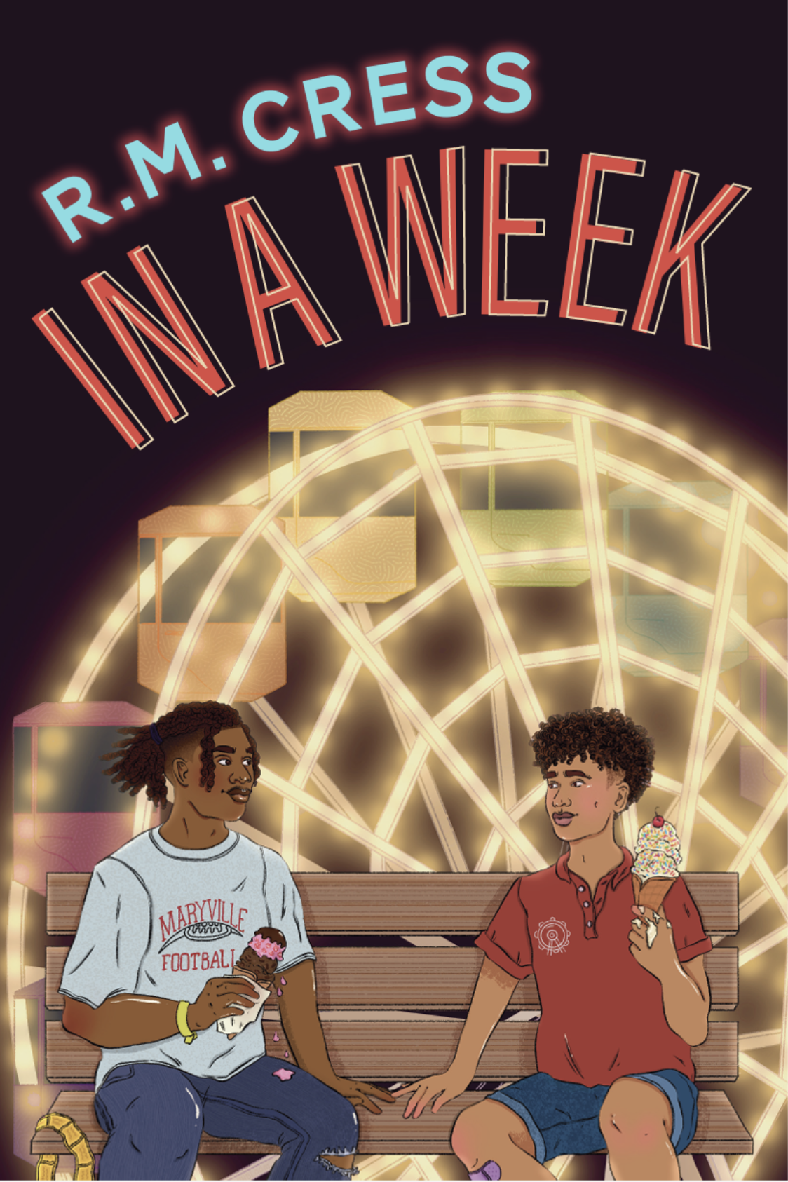 Two young boys sitting on a park bench enjoying ice cream at an amusement park with a lit-up Ferris wheel in the background at night. The title 'In a Week' and the author's name 'R.M. Cress' are displayed at the top.