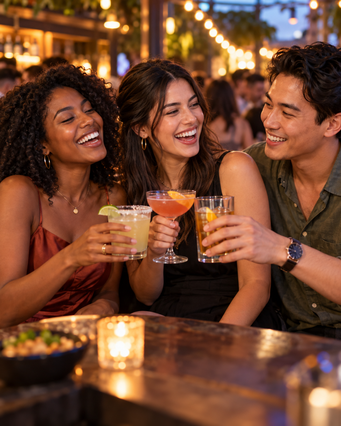 Three friends laughing together over drinks at a nightlife event.