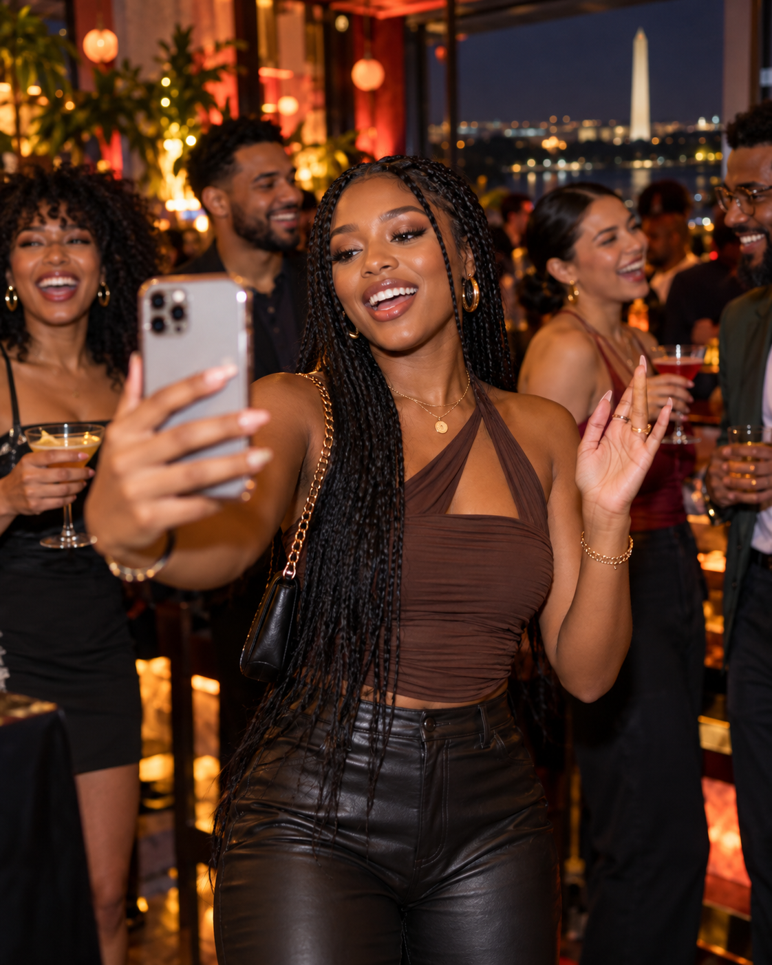 Content creator filming a social video with friends at a nightlife event.