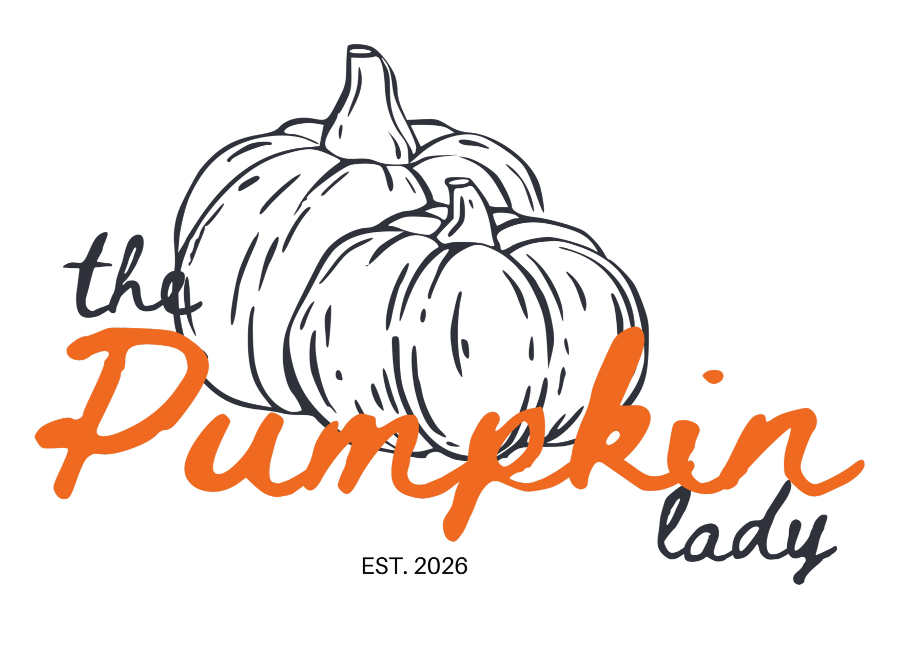 Black background with line art illustrations of three pumpkins and overlaid text reading 'the Pumpkin Lady' in orange cursive font.