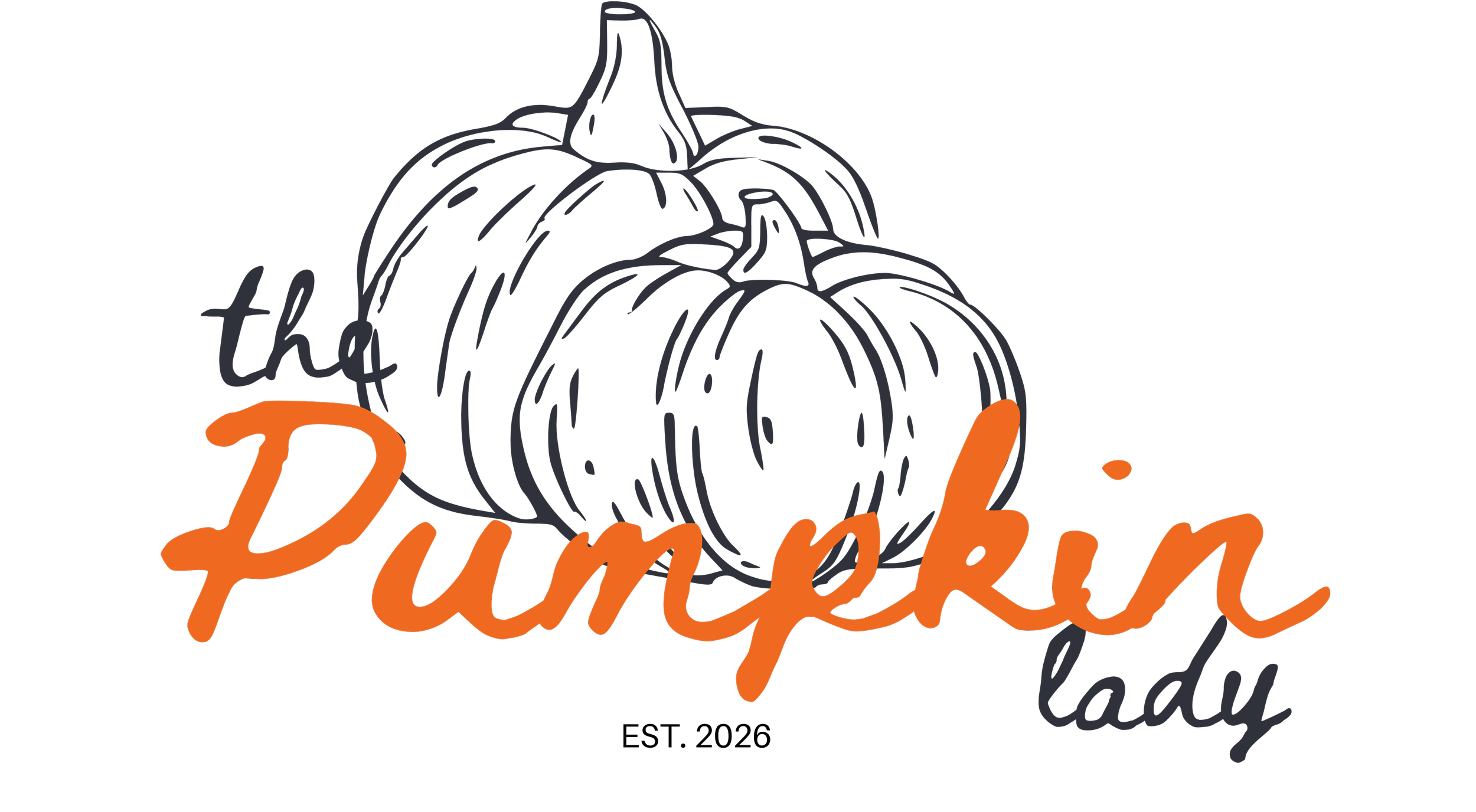 Logo for The Pumpkin Lady, a seasonal decorating business located in Memphis, Tennessee. Two pumpkins with text in front that says "The Pumpkin Lady EST. 2026."