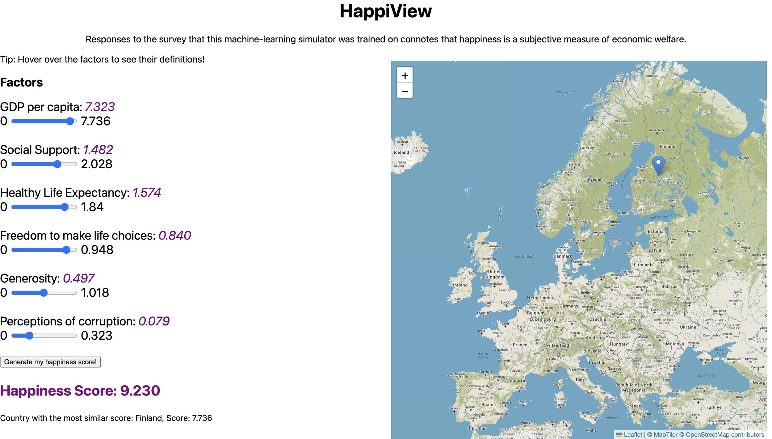 A map of Europe and part of North America showing a marker in Finland on the right side of the image. The left side displays a happiness survey result with various factors and their scores, including GDP per capita, social support, healthy life expectancy, freedom to make life choices, generosity, and perceptions of corruption.