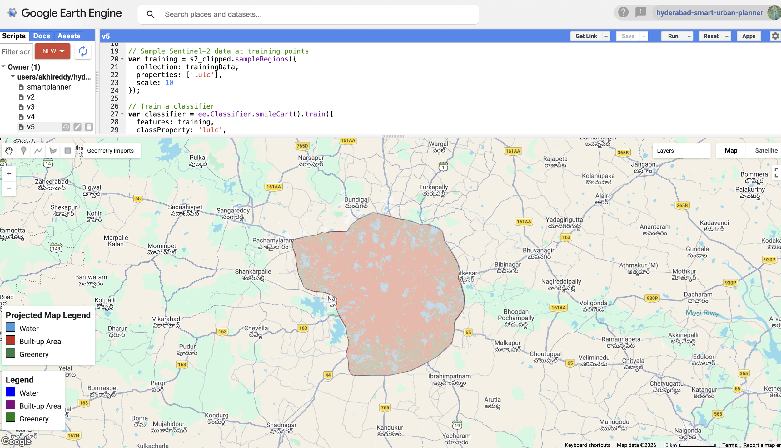 Screenshot of Google Earth Engine with code and a map showing a large area of built-up land in pink, surrounded by roads and towns in India.