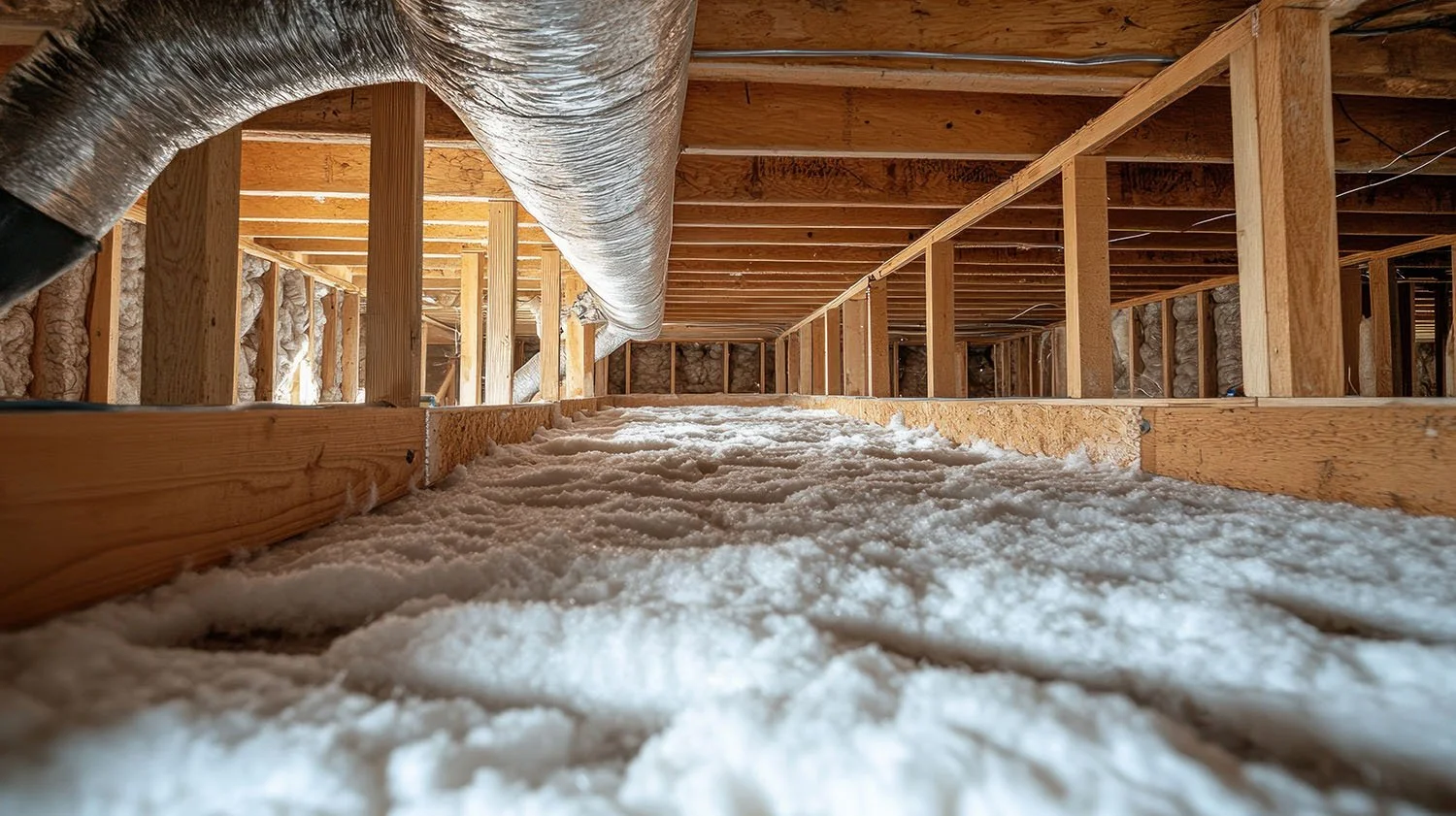 View of an unfinished attic with wooden framing, insulation on the floor, and a large duct running along the ceiling.
