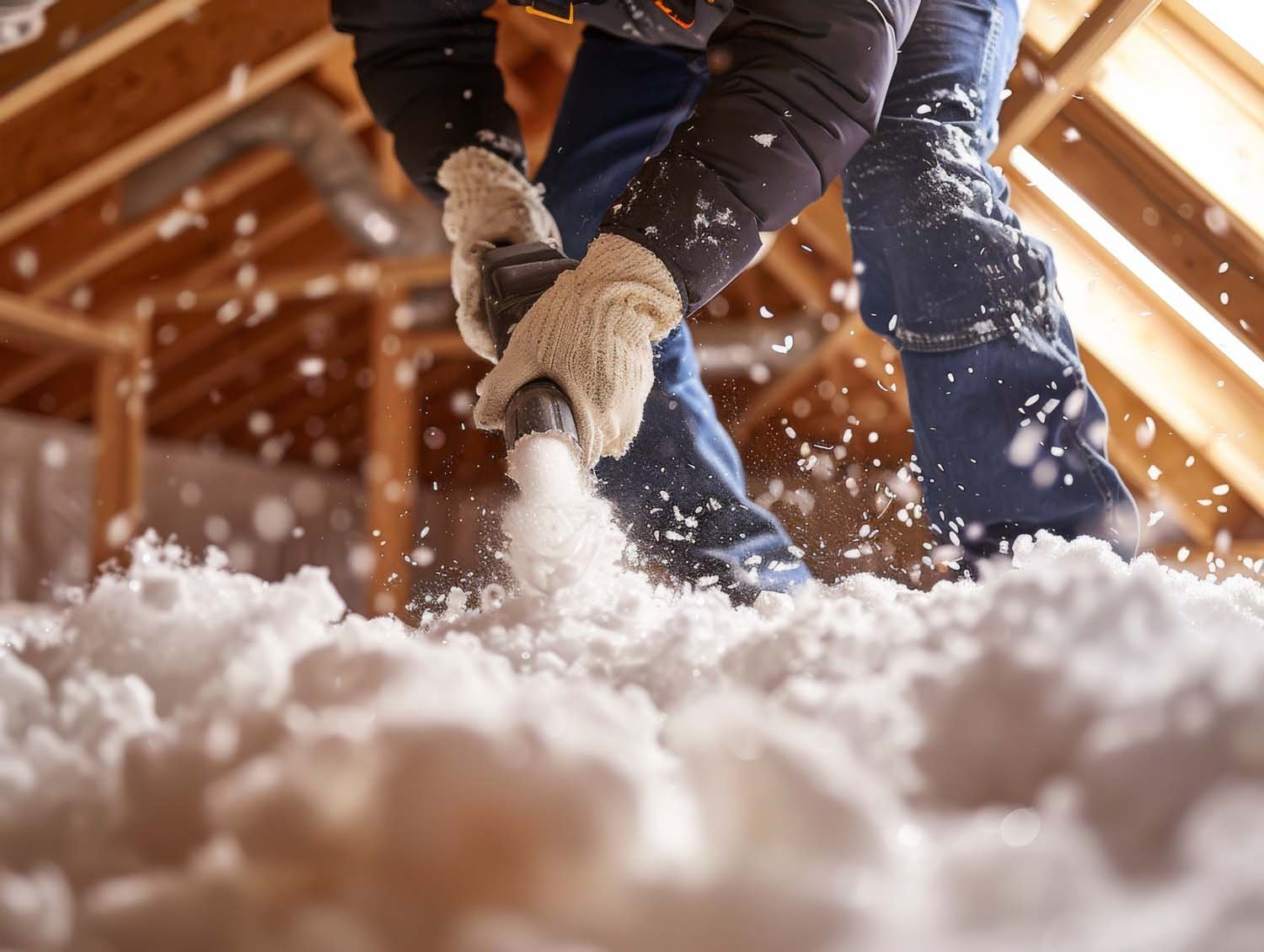 Person in gloves and winter clothing shoveling snow inside a house or garage.