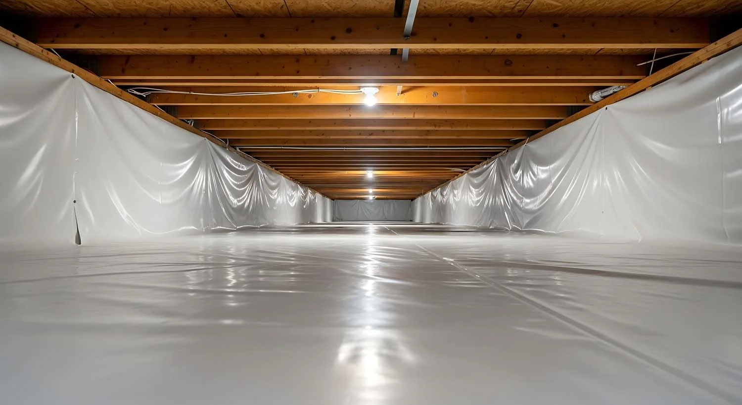 View of a long crawl space or basement with a plastic vapor barrier on the floor, exposed wooden ceiling beams, and insulation along the walls.